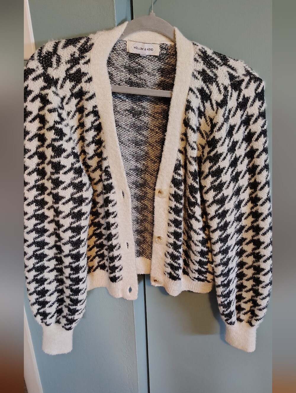 Black and Cream Fuzzy Houndstooth Cardigan Sweater